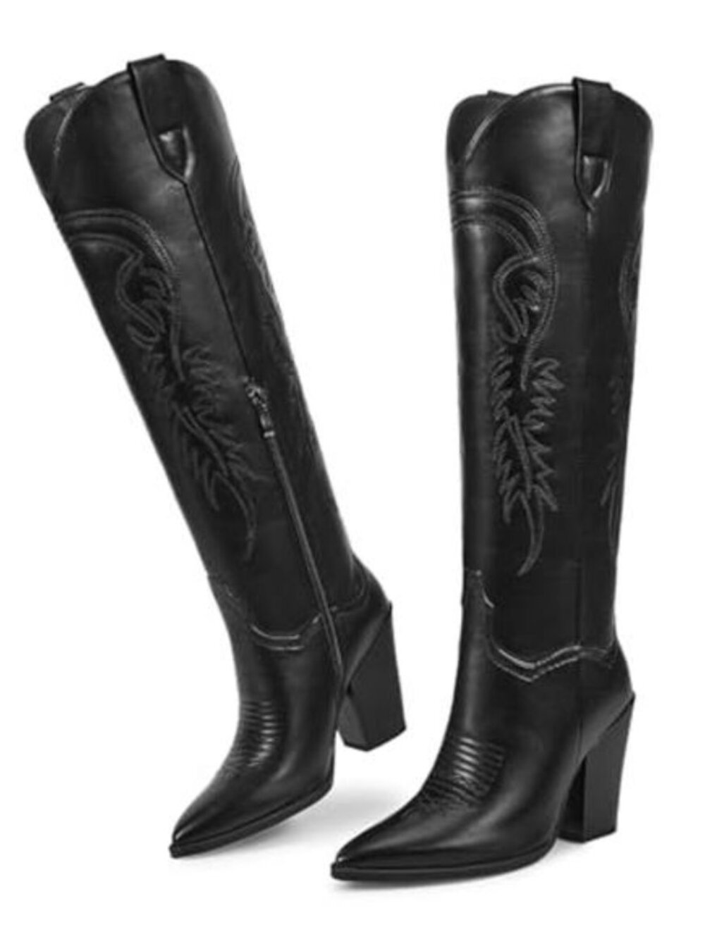 Women's Matte Black Brown Pointed Toe Chunky Heel Western Rubber Boots - Picture 5 of 6